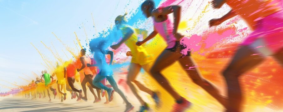 Dynamic race start with runners exploding in a vibrant color splash
