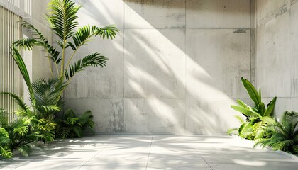 Blank concrete wall in modern empty room with tropical plant garden Luxury house interior with green palm trees Minimal architecture design