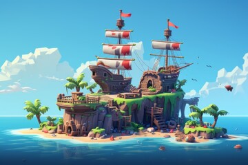 Obraz premium Island With Pirate Ship in the Middle of the Ocean