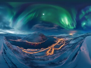Stunning natural light display of Aurora Borealis over a winding road in a snowy mountainous region.
