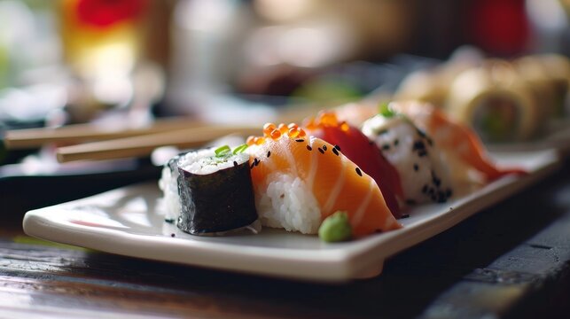 japanese sushi food. Maki and rolls with prickly pear, salmon, shrimp, crab and avocado. Top view of assorted sushi, all you can eat menu. Rainbow sushi roll, uramaki, hosomaki and nigiri.