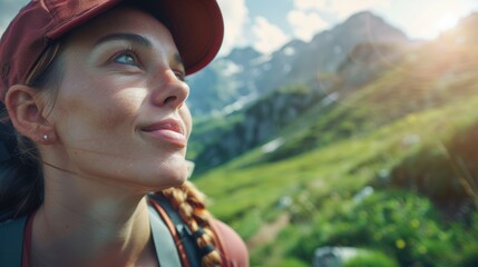 A close up of a womans face with a happy smile standing on top of a mountain, with grass and trees in the background under a clear blue sky AIG50