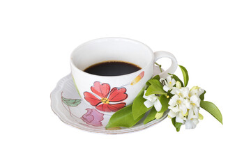 hot coffee espresso with white flowers jasmine arrangement flat lay style 