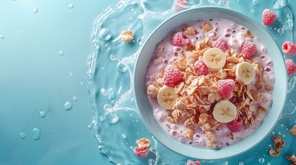 Healthy breakfast concept with banana and corn flakes