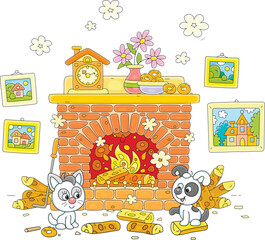 Funny little kitten and puppy heating by an old bricky fireplace with burning firewood, pretty country pictures, a toy clock and a flower vase on a mantelpiece on a chilly evening, vector cartoon
