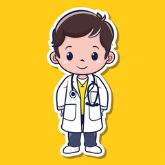 Fototapeta premium a cute young doctor illustration style sticker with white outline on yellow background without any shadow or gradient.