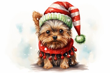 Small Dog Wearing Santa Hat and Scarf