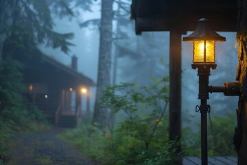 Fototapeta na wymiar A torch outside a woodland cabin on a foggy morning