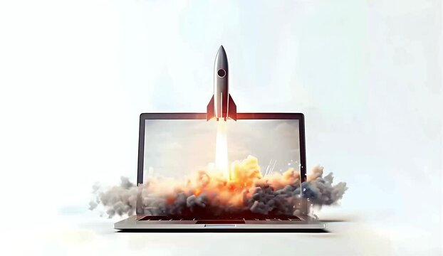 Rocket coming out of computer (laptop), white background