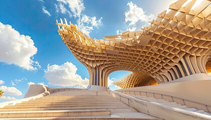 Naklejka premium Contemporary symmetrical metropol parasol structure under sunny sky of seville
