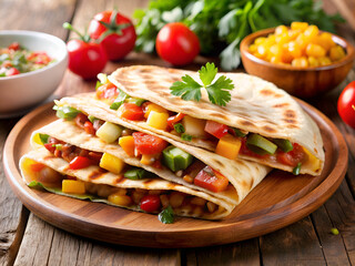 Two vegetable quesadillas on wooden plate, perfect fast food dish