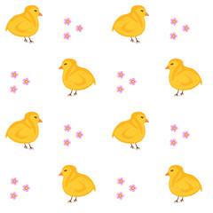 Seamless pattern with yellow chickens and pink flowers