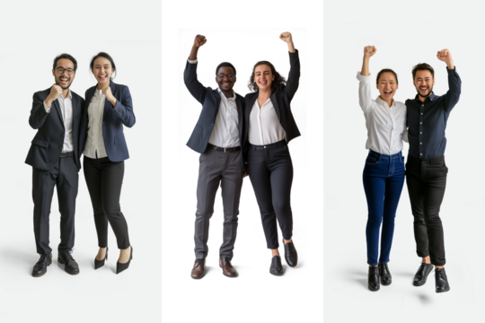 Various multi racial business teams celebrating success with raised arms on transparent background