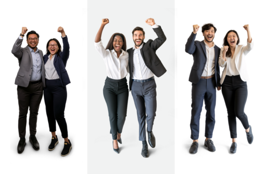 Multiple racial group of colleagues celebrating success with a cheerful jump on transparent background