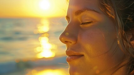 A closeup of a womans face with her eyelashes highlighted by the sunset, her eyes closed in happiness. The sky is filled with clouds and backlighting, giving a tranquil dusk atmosphere AIG50