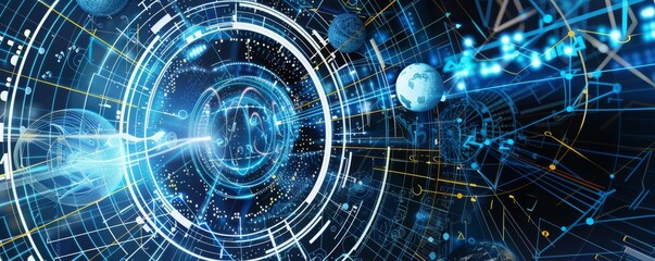 Fototapeta premium Futuristic digital technology and space science concept with vivid blue and white hues