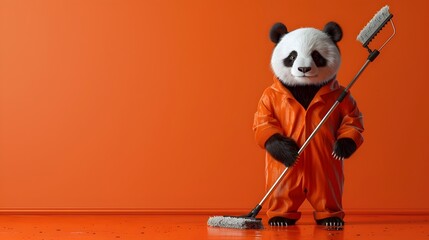 Surreal of a Panda Cleaner Working with Mop on Vivid Tangerine Background