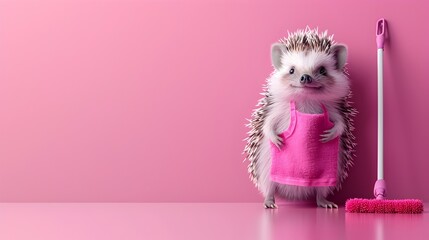 Surreal of Hedgehog Janitor Mopping Vivid Pink Floor