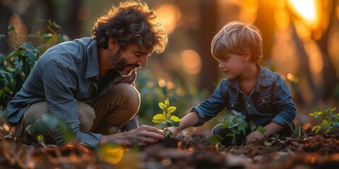 Father and son enjoy togetherness, growing and planting seedlings, fostering love for nature in their backyard.