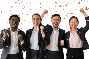Jubilant team celebrating success with confetti on transparent background
