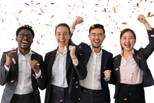 Jubilant team celebrating success with confetti on transparent background