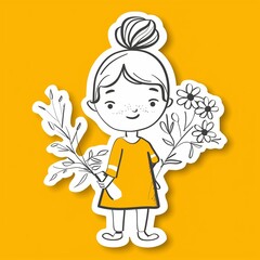 a cute young florist illustration style sticker with white outline on yellow background without any shadow or gradient.