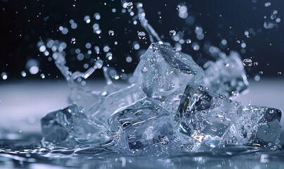 Obraz premium A blue background with ice cubes and water droplets. pure water ice cubes melting in slow motion