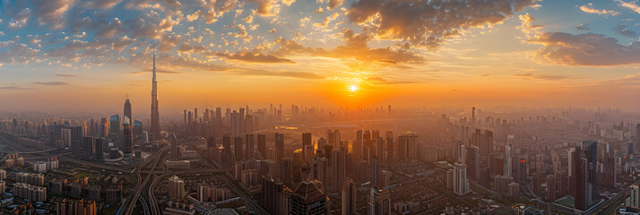 Golden Dusk over Sprawling Cityscape: An Aerial View into Urban Architectural Charm - obrazy, fototapety, plakaty