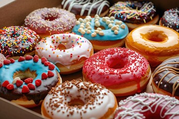 Box of colorful donuts, assortment of delicious flavors and eye-catching toppings, perfect for a sweet treat or celebration