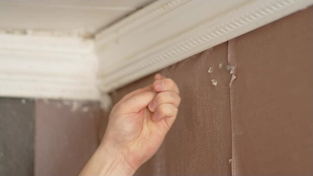 Close up man inserts plastic dowels into previously drilled holes in wall to hang cornice in old apartment. No money for expensive repairs. Create comfort in old home, slow motion
