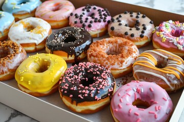 Box of colorful donuts, assortment of delicious flavors and eye-catching toppings, perfect for a sweet treat or celebration