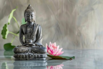 Buddha statue in meditation with lotus flower on light neutral background. Selective focus. Meditation, spiritual health, peace, searching zen concept