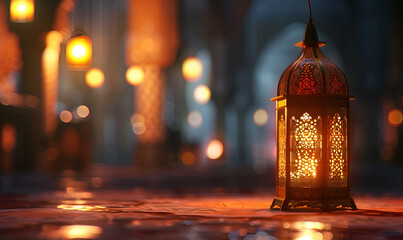 A Ramadan lantern hanging on a mosque Glowing Ramadan Lantern at a Mosque