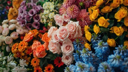 Vibrant bouquets of pink and red roses fill a flower market stall