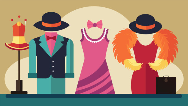 A section dedicated to vintage clothing featuring feather boas sequined flapper dresses and brightly colored bowler hats.. Vector illustration