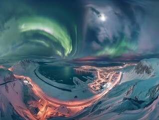 A breathtaking panorama showcasing the Northern Lights swirling above a snow-laden town, with moonlit mountains and glowing streets.