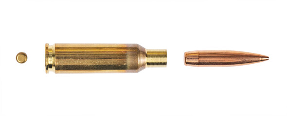 Single assault rifle bullet main defining components parts capsule cartridge case on white background