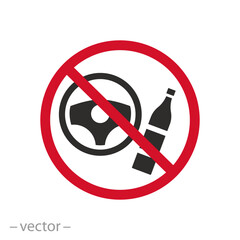 don't drunk driving icon, prohibition drink and drive, wine bottle with car wheel, flat vector illustration