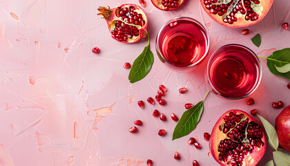 Fototapeta premium Board with glass of fresh pomegranate juice on colorful background