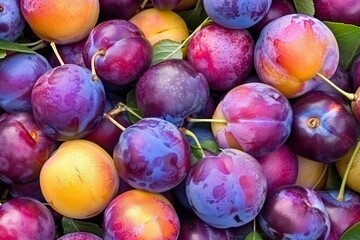 Beautiful vibrant background of delicious fresh ripe blue plums, attractive fruit pattern