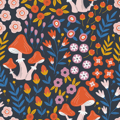 Autumn floral seamless pattern with mushrooms, berries and flowers in folk style. Beautiful fall floral repeat background. Floral print design for textiles, wrapping paper, gift paper, fabric.