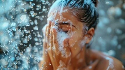 Recreational hygiene concept, woman washing her face with soap in shower, portrait summer joy splashing water