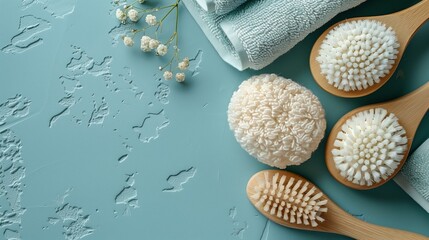 Recreational hygiene concept, wooden brushes and towels on blue background, clean exfoliation spa treatment care bowl