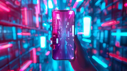 Modern digital art collage features hand holding smartphone, representing social media, application development, and technology concepts.