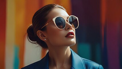 A elegantly chic woman with oversized sunglasses stands confidently against a vibrant, abstract background created by generative AI. Her sleek, modern outfit complements the bold colors swirling aroun