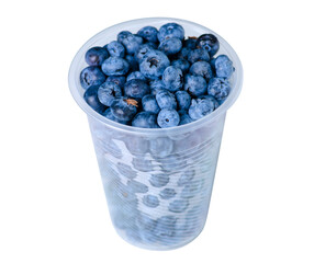 Plastic cup with blueberries on white background isolation