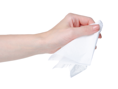 White napkin in hand on white background isolation