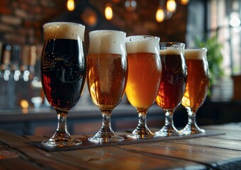 A variety of craft beers in glasses lined up on a wooden bar top.