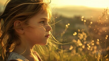 A little girl with blond surfer hair and a big smile is standing in a field, looking up at the sun. Her eyelashes catch the light like flash photography AIG50