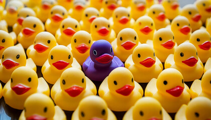 Close-up of one single violet rubber duck among a large group of yellow-orange and red ducks. Standing out from the crowd, thinking outside the box, leadership and individuality concept. Generative Ai